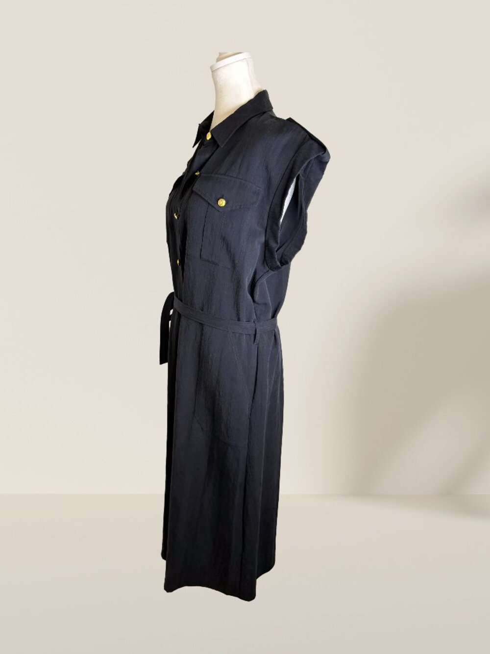 rag & bone Navy Roxanne Sleeveless Shirt Dress Size M | Gold Buttons Belted Midi - Picture 8 of 10